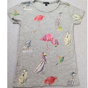 J. Crew Bird Print Gray T-Shirt Cotton Slub Jersey SMALL Flamingos Herons